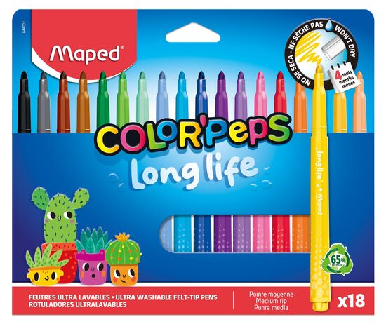 Flomāsteri MAPED LongLife-2 new, 3.7mm 18 krāsas, kartona blisterī