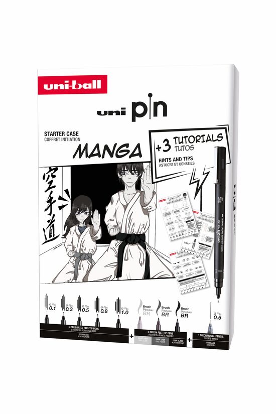 Marķieru UNI PIN komplekts Nr.1 Manga 8 gab.+ zīmulis Shalaku S 0,5mm + pamācība