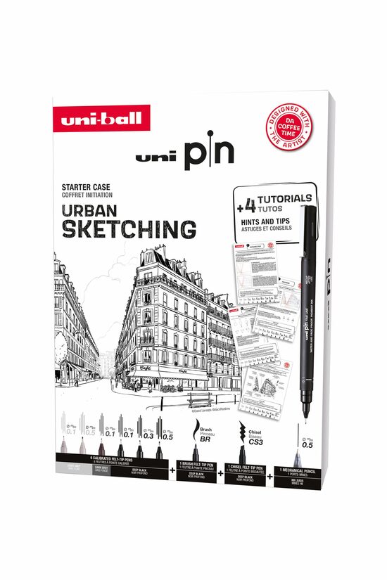 Marķieru UNI PIN komplekts Nr.3 Urban Sketching 8 gab.+ zīmulis Shalaku S 0,5mm + pamācība