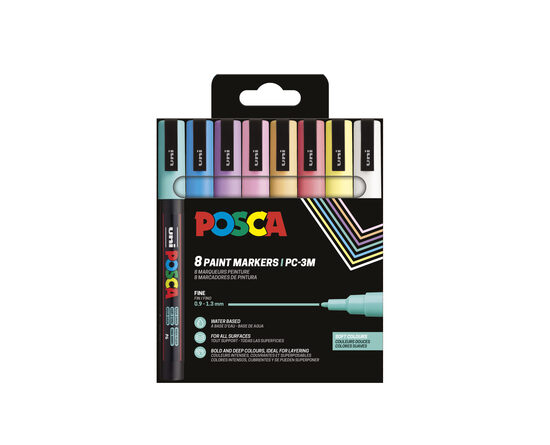 Marķieris ūdens bāzes UNI Posca PC-3M 8 krāsas kartona kastītē, Soft colours