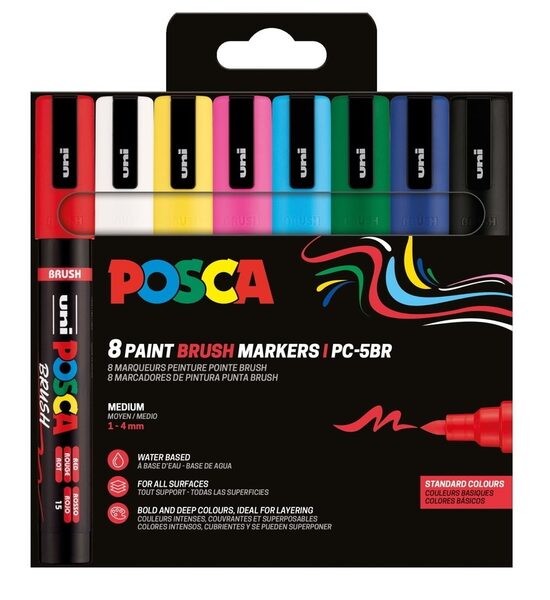 Marķieris ūdens bāzes UNI Posca PC-5BR brush shaped, 8 krāsas kartona kastītē, Standard colours