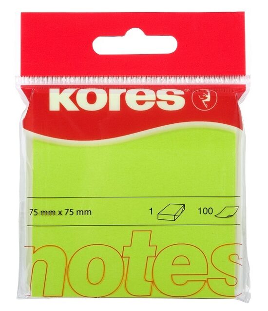 Līmlapiņas KORES 75*75mm 100lp PP iepakojumā, neona zaļas, 10671011
