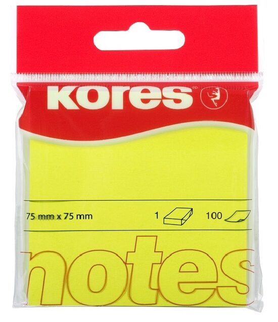 Līmlapiņas KORES 75*75mm 100lp PP iepakojumā, neona dzeltenas, 10671016