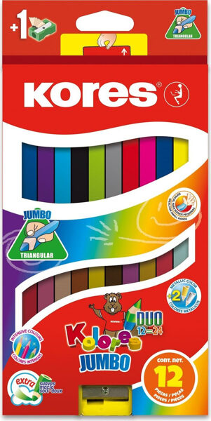 Zīmuļkrāsas KORES KOLORES JUMBO DUO 3-kantīgie, 12 gab. = 24 krāsas, 12371225